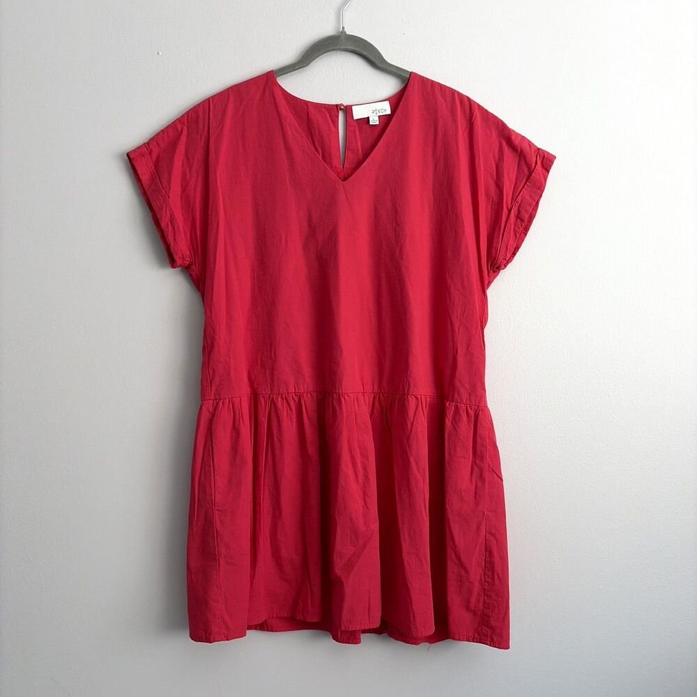 Anthropologie Pinch Red Mini Dress Size Large Cuffed Short Sleeves 100% Cotton